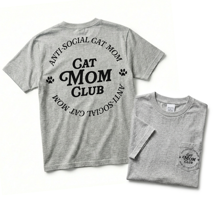 Gray t-shirt with 'Cat Mom Club' text on a white background