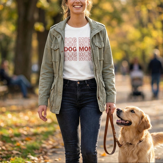 Woman walking a dog in a park with 'DOG MOM' t-shirt