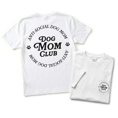 White t-shirt with 'Dog Mom Club' text on a white background