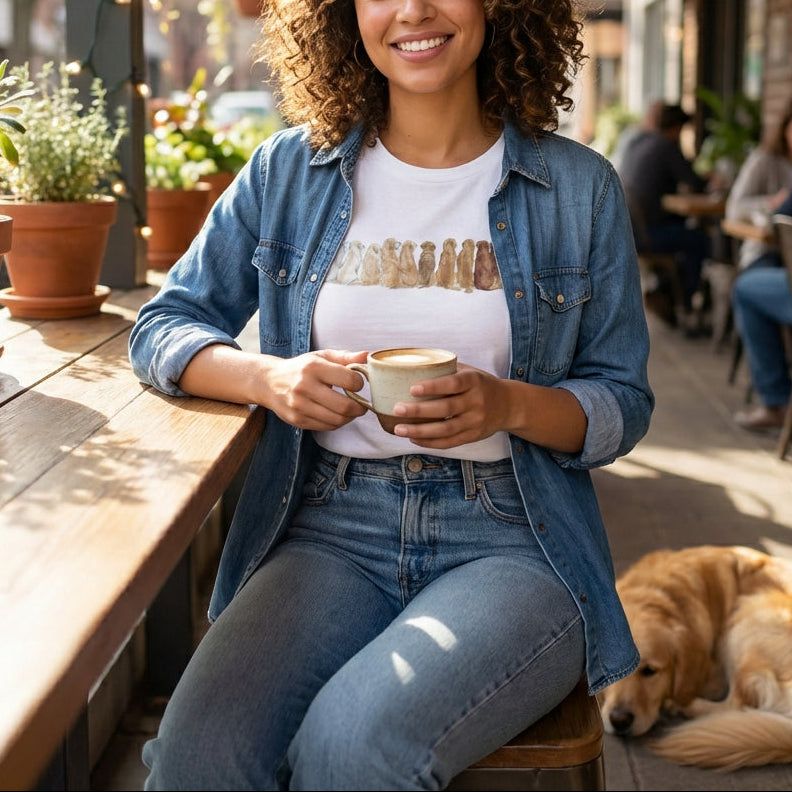Woman sitting at an outdoor cafe holding a cup, with a dog beside her.