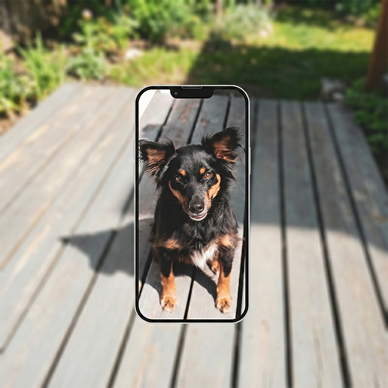 Phone case with a dog's face on a wooden surface