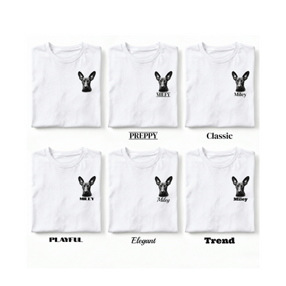 Six folded white T-shirts arranged in a 2x3 grid on a white background, each printed with a black dog face graphic and different text labels beneath them: PREPPY, Classic, Miley, PLAYFUL, Elegant, and Trend.