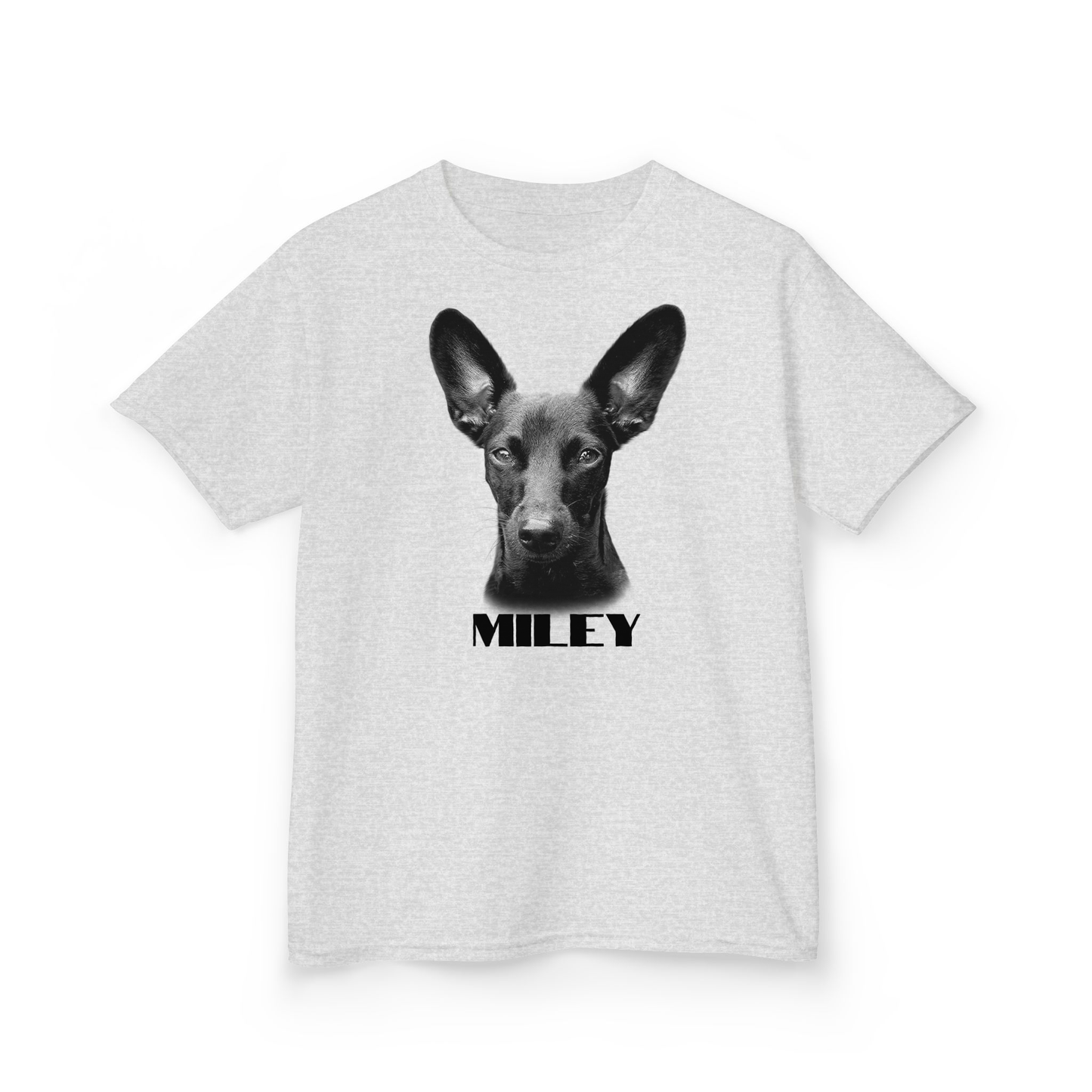 Gray t-shirt with a black and white dog graphic and 'MILEY' text on a white background