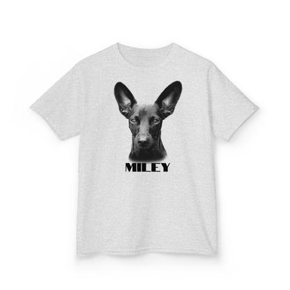 Gray t-shirt with a black and white dog graphic and 'MILEY' text on a white background