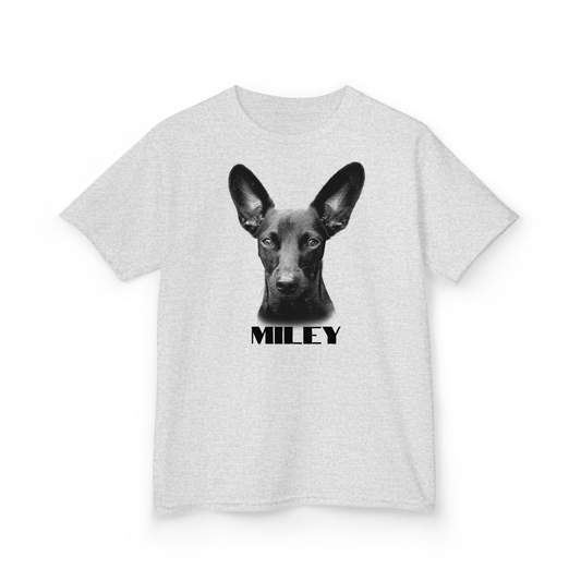 Gray t-shirt with a black and white dog graphic and 'MILEY' text on a white background