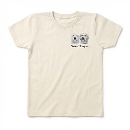 Beige t-shirt with two dog illustrations and text on a white background