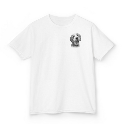 White t-shirt with a dog graphic on a white background