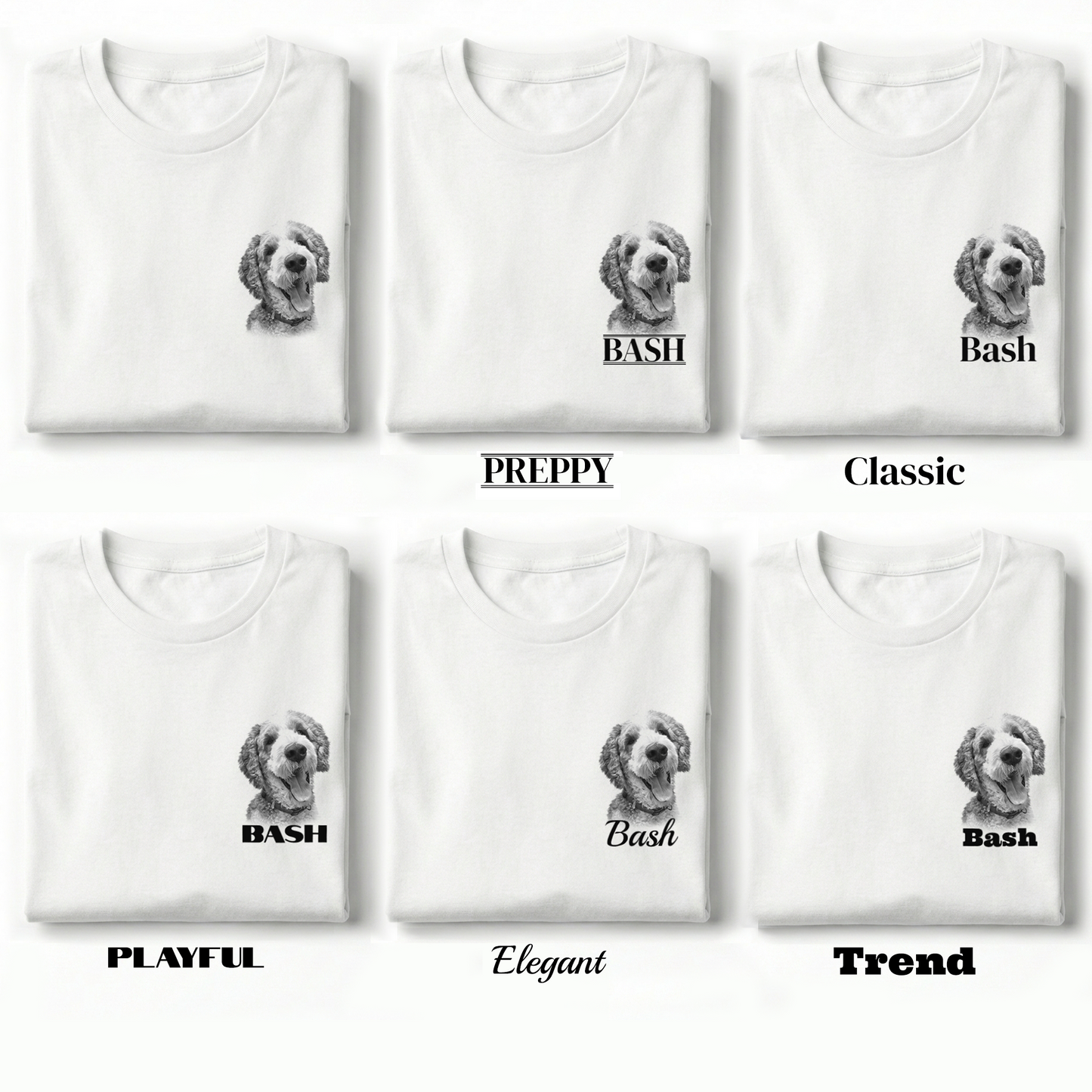 White t-shirts with a dog graphic and text labels on a white background