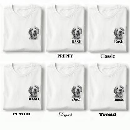 White t-shirts with a dog graphic and text labels on a white background
