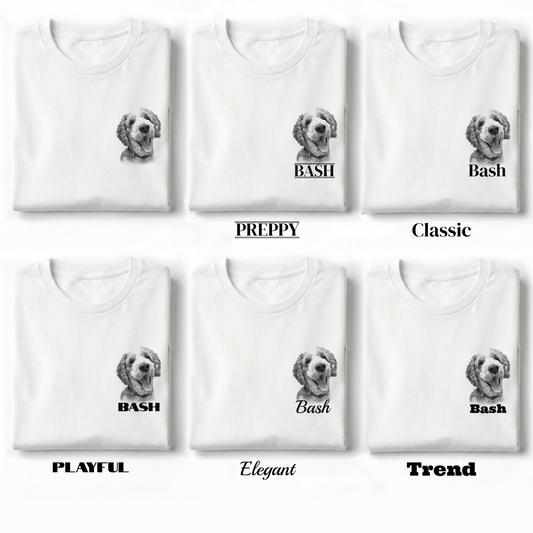 White t-shirts with a dog graphic and text labels on a white background