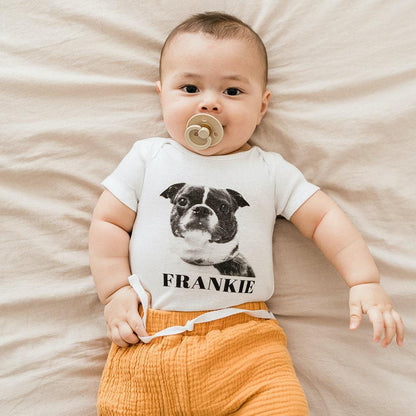 Organic cotton baby onesie with dog picture