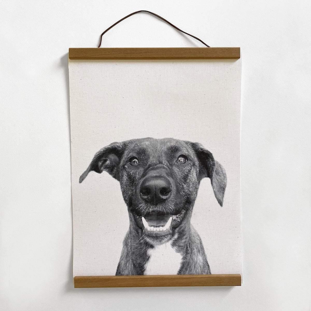 hanging canvas. with wooden hangers and custom portrait