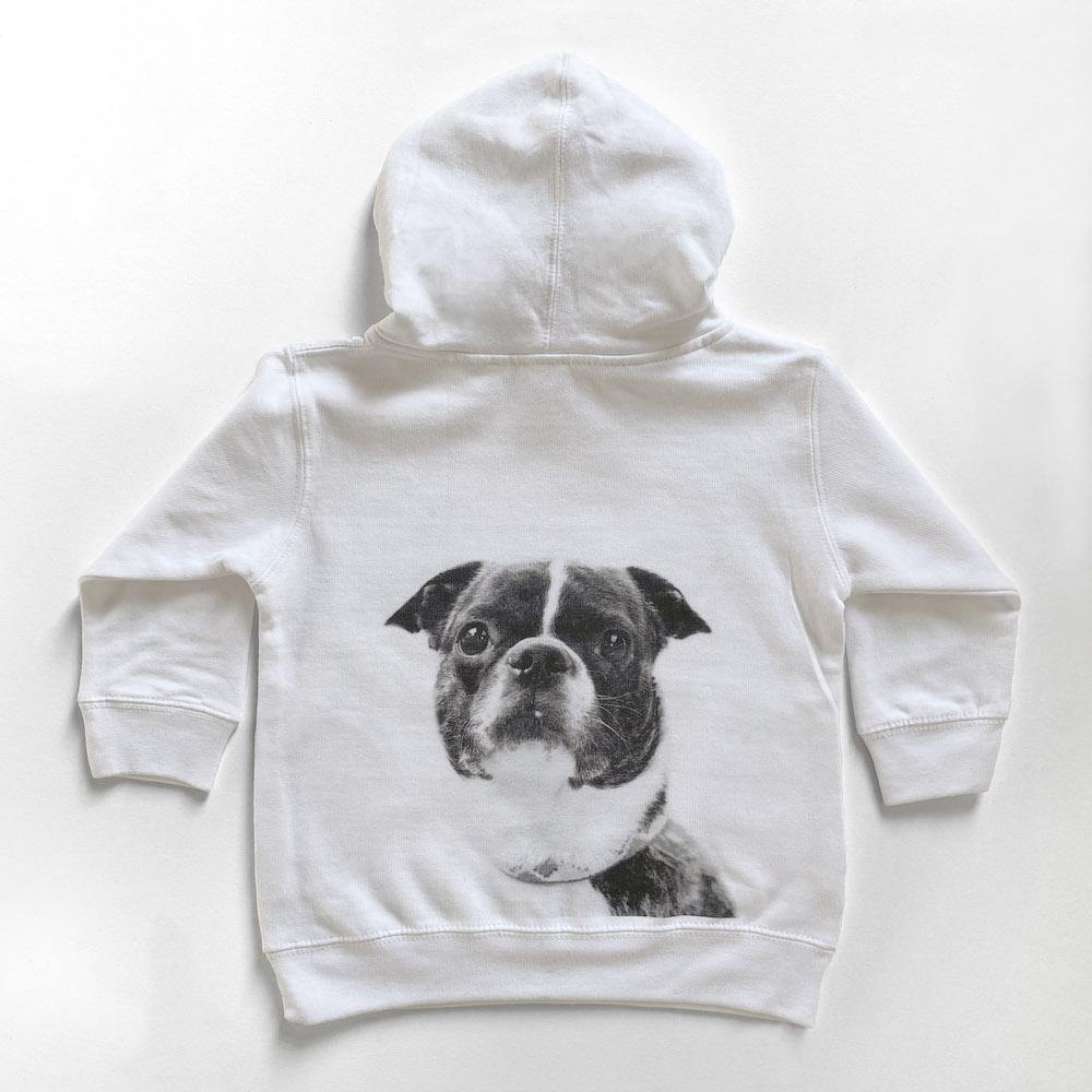 toddler pullover hoodie with dog portrait on back