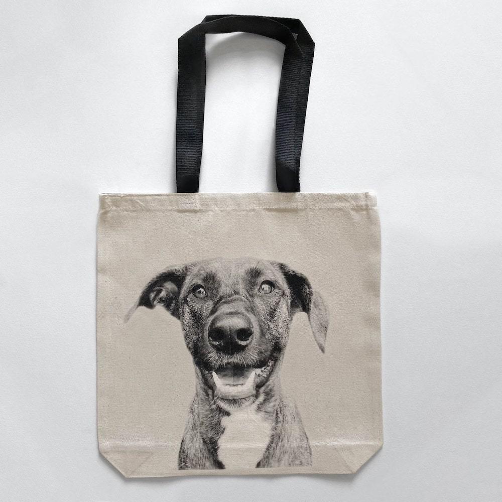 Canvas tote bag black handles and custom pet dog portrait