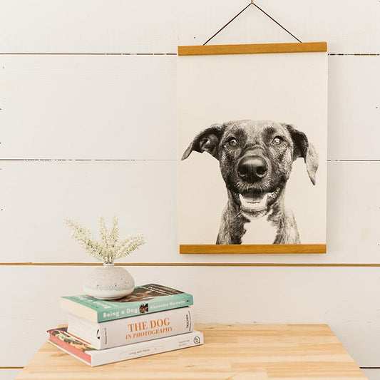 hanging canvas. with wooden hangers and custom portrait